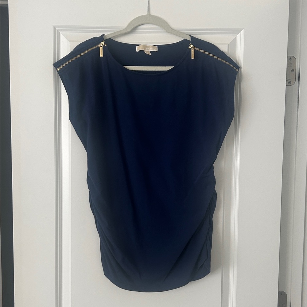 MICHAEL Michael Kors Navy Top with Gold Shoulder Zips